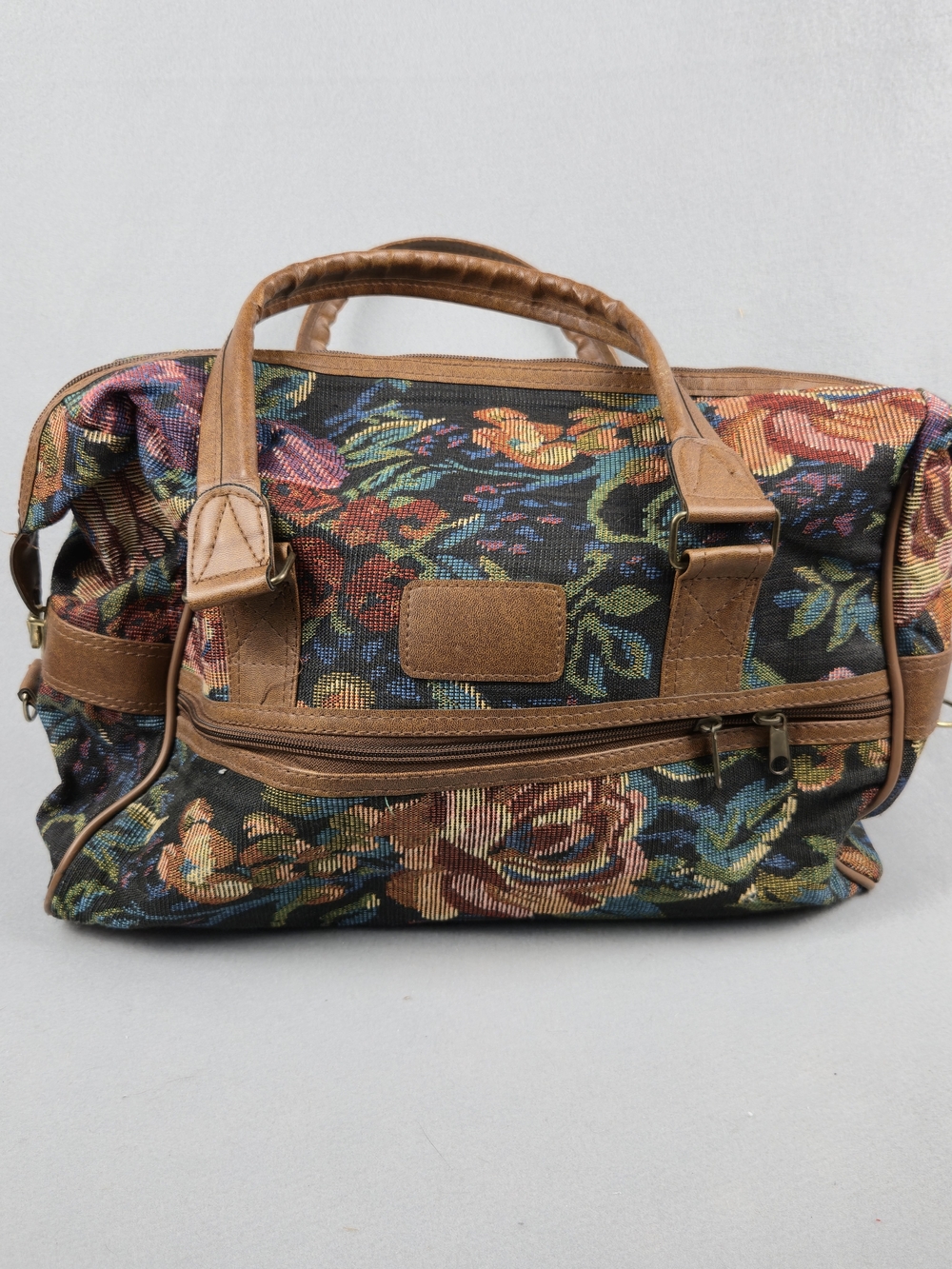 Vintage Floral Tapestry Duffel Bag Faux Leather Trim Weekender Travel Carry On